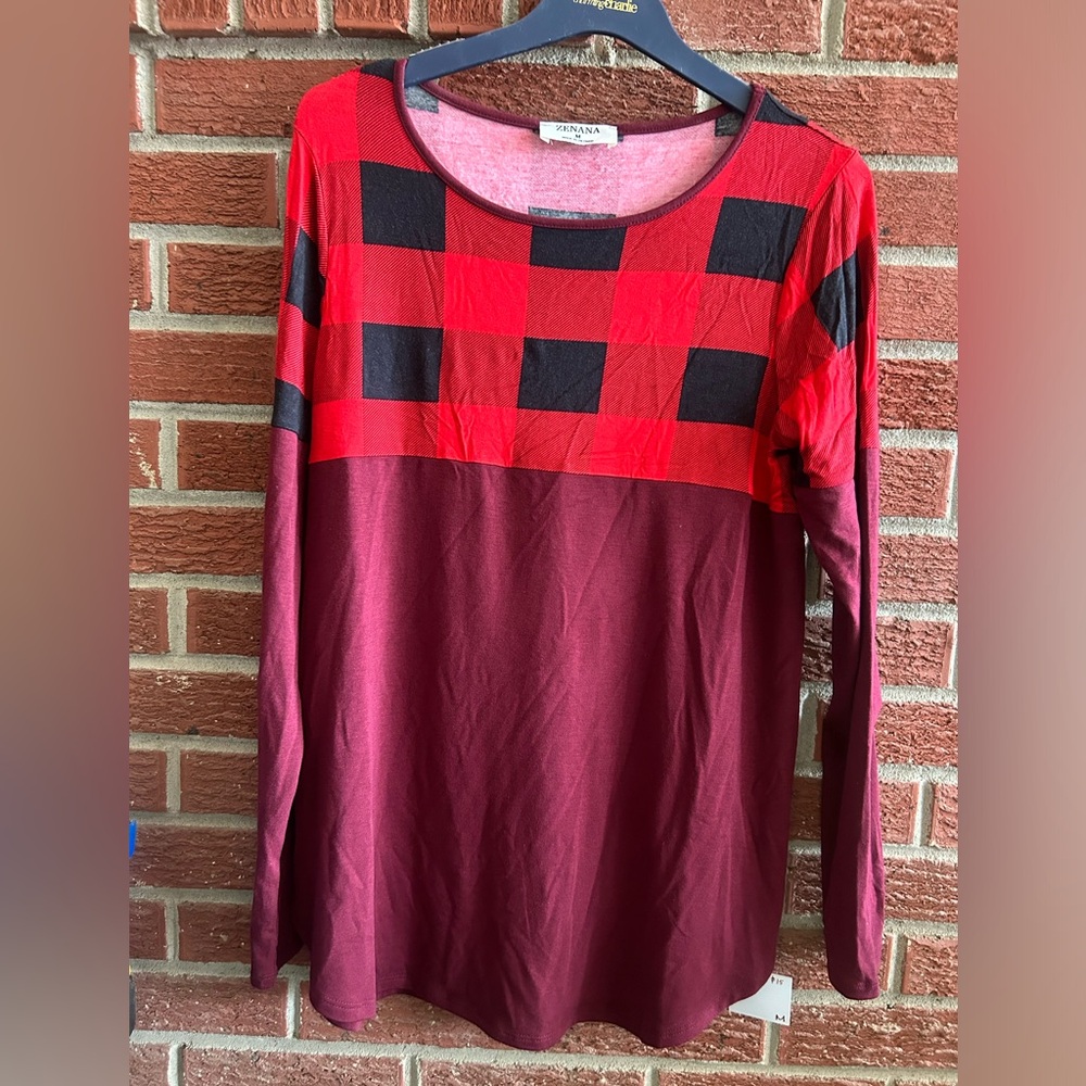 Plaid accented long sleeve top. Maroon bottom